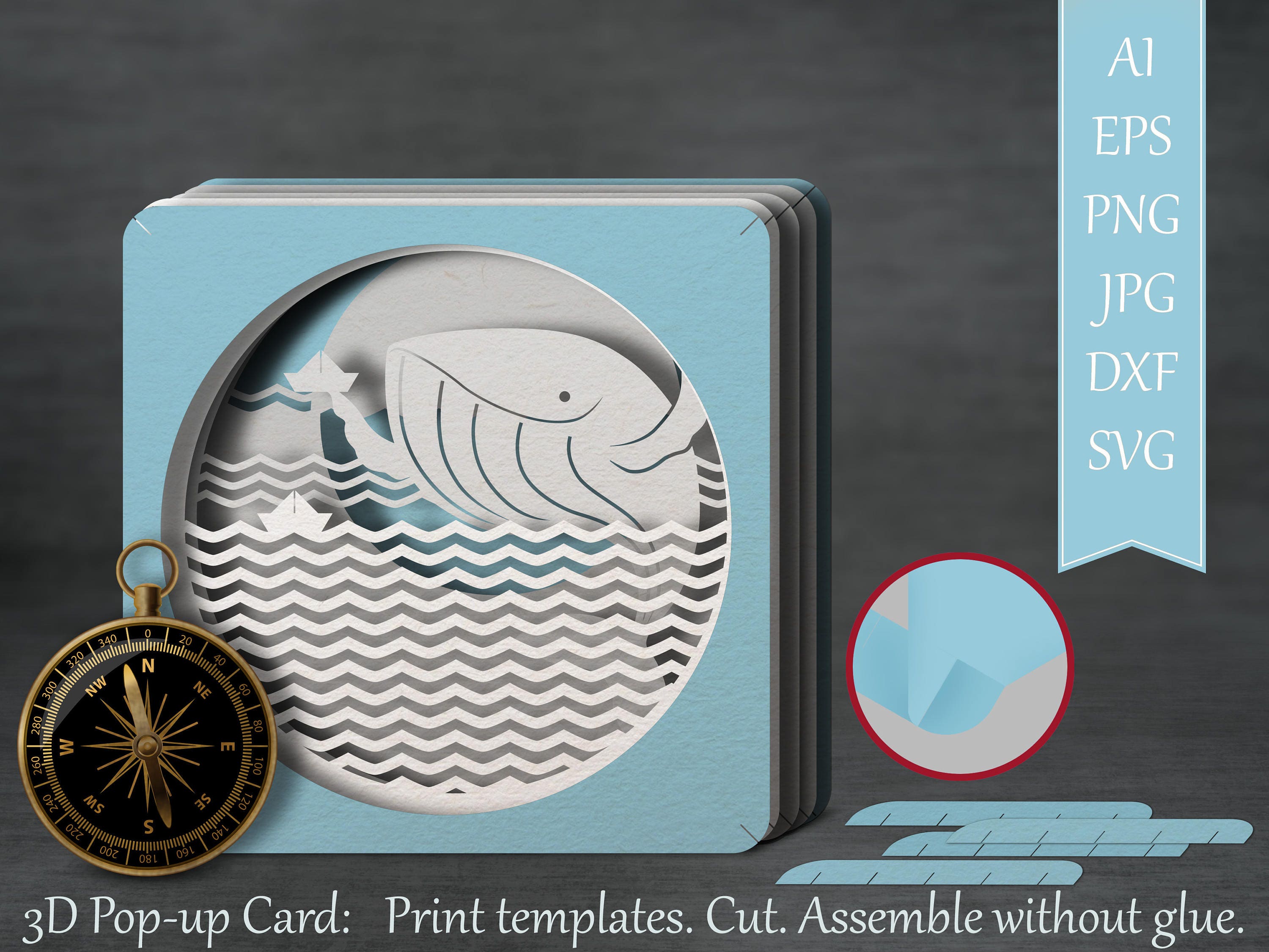 Tunnel card 3D pop-up card papercut template whale