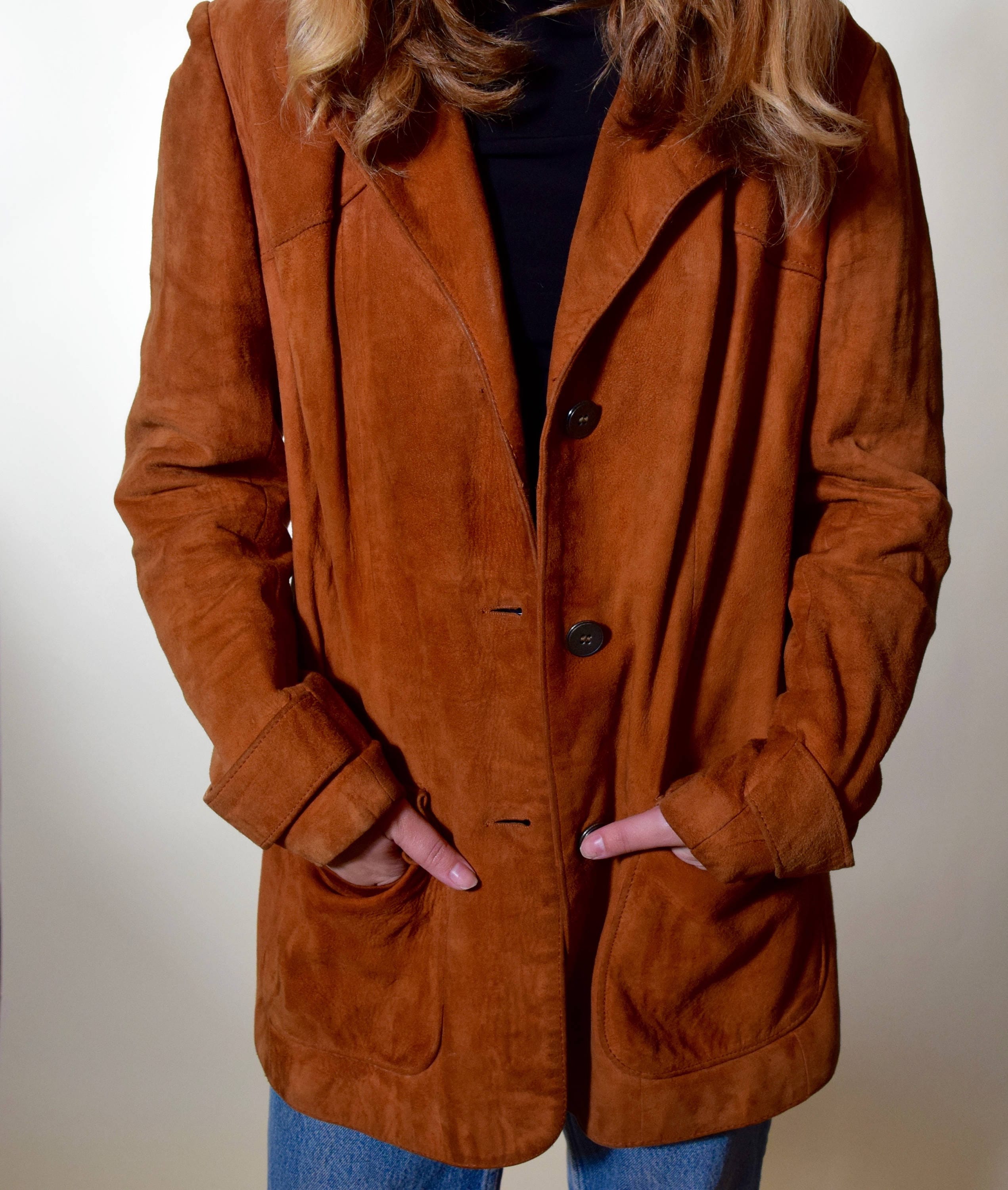 1970's vintage soft suede leather chestnut brown classic button down jacket/coat/trench/women's 