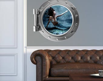 Mermaid Wall Decal - Porthole Wall Decals - Faux Window - Mermaid Vinyl Decals - Port Scape Faux Window - Mermaid 2
