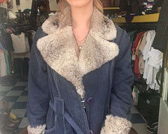 Vintage Denim Jeans 1970's Belted Fur Trim Jacket