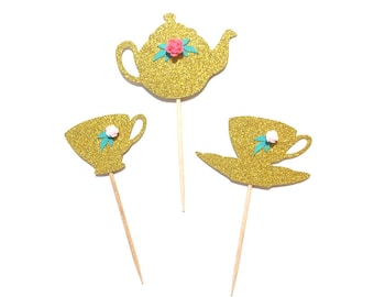 10 pcs Flowers Tea pot Tea cup Cupcake Topper Gold Glitter Birthday Toddler Girl tea party theme