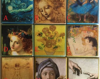 Decoupaged Square 2" x 2" Tile Magnets: Classic Paintings with Free Shipping, SKU#7002 (Other motifs can be made to order.)
