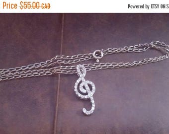 ON SALE Vintage Sterling Silver Necklace with Silver and Clear Stone Musical Note Pendant