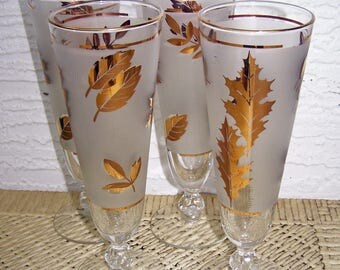 4 Pilsner Glasses, Golden Foliage, from Libby Glass