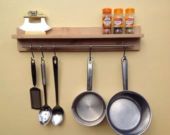 Kitchen Pot Rack. Saucepan, Mug or Utensil Hanging Rack. Saucepan hanger. Pan hooks. Handmade wall shelf for spice pots. Reclaimed wood eco