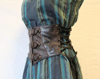 Leather corset belt. wide belt, Brown and black; leather waist cincher. medieval belt; wide leather belt