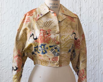 1940's Japanese Coral and Crane Brocade Bolero