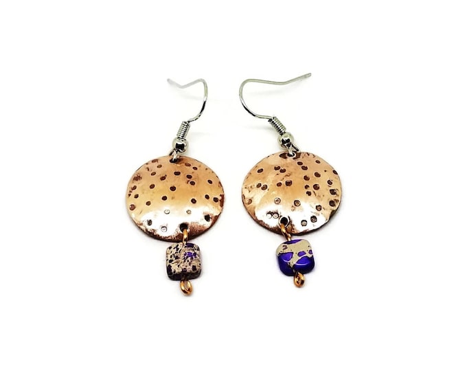 Copper and Jasper Earrings, Purple Impression Jasper Gemstone Earrings, Copper Dome Earrings, Unique Birthday Gift, Nickel Free Earrings