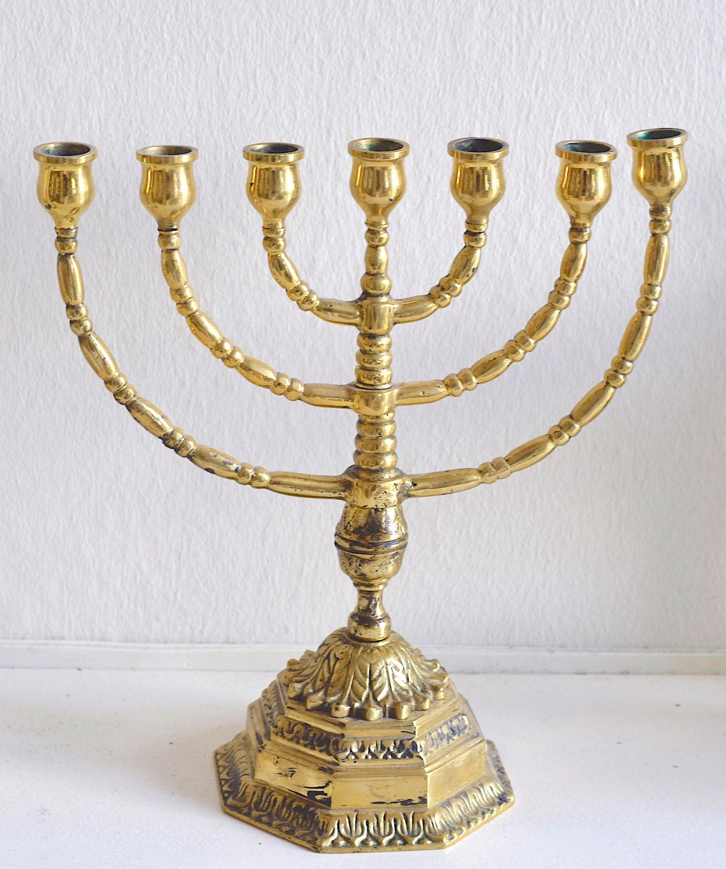 Large Danish Antique 1910. Titus Brass 7 Arm Menorah. 14 Inch