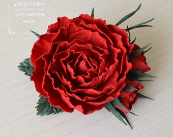 Valentines day gift Deep red Rose Hair clip Marsala Gift Wedding Red Rose Hair clip Red Rose Wedding hair clip Rustic wedding Gift for girl