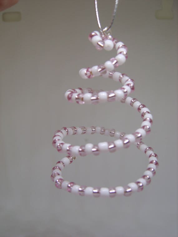 Hanging spiral beaded Christmas decoration pink and white