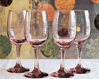 Set of 4 Vintage Pink Wine Goblets /Blue Wine Glasses / Vintage Glassware