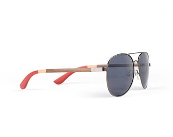 Wooden Sunglasses, Wood Frame Sunglasses, Chrome Finish, Handmade Aviator Style Fusion Sunglasses by WINKWOOD