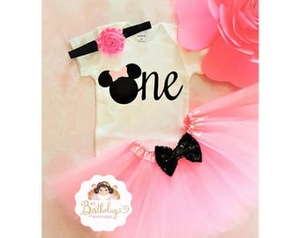 Pink and Black Minnie Mouse 1st birthday outfit,1st birthday tutu,1st birthday girl outfit,pink birthday tutu,pink tutu,girl birthday tutu