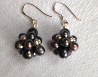 Black Pearl Cluster Sterling Silver Earrings
