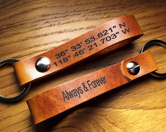 Custom Leather Keychain Thick, Leather Key Fob - Leather Lanyard - Embossed Leather Keychains - Keychains - Brown - Gps Coordinates