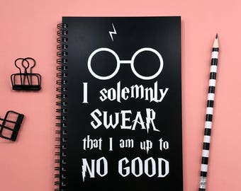 Writing journal, spiral notebook, sketchbook, bullet journal black blank lined grid, Harry Potter - I solemnly swear that I am up to no good