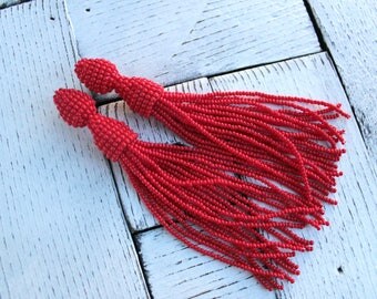 Tassel earrings Beaded long tassel earrings Clips Oscar de la Renta Tassel jewelry Dangle earrings oscar renta earrings red tassel earring