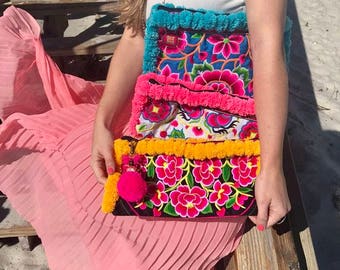 Embroidered Pom Pom Wristlet Clutch. Boho Bag. Beach Bag. Bohemian bag. Hmong bag. Embroidered bag. Pom Pom bag. Pom Pom Clutch.