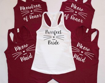 Purrfect Bride - Meow Maid - Meow of Honor racerback tank top! With cat face and whiskers Cat lovers wedding! Bridal party shirts - Wedding