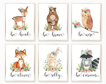 Nursery Wall Art. Woodland Nursery Girl. Woodland Nursery Decor. Floral Nursery. Printable Nursery Art. Be Kind Be Brave Be Clever Curious.