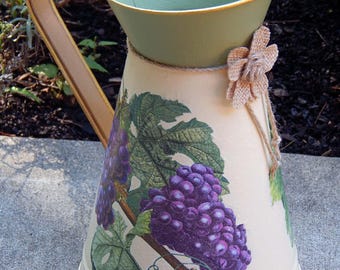 Decorative Watering Can. Decorative Pitcher. Autumn Decor. Decoupage Watering Can. Grape Design. Painted Pitcher. Painted Watering Can.