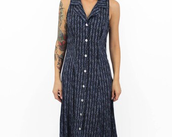 90s Navy Blue Maxi Dress Collar Button Up Sleeveless Abstract Floral Print S / M / L