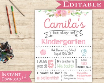 First day of School Editable Sign WhiteBoard Girl Back to School 1st day of School, DIY Printable Photo, Shabby Chic, Pink and Mint, Flowers