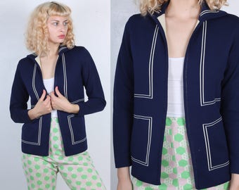 Vintage Mod Cardigan // 70s Knit Sweater Open Navy Blue White Striped Womens - Small