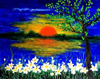 Textured Painting on Canvas, landscape Impasto Painting Art, Tree and Flower Painting, Sunset Painting, Blue Painting Art, White Flower Art