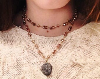 Double Wrap Beaded Necklace with Stone