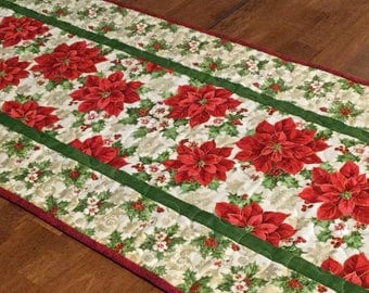 Quilted Poinsettia Table Runner, Christmas Table Runner, Red and Green Table Runner, Holiday Table Runner, Christmas Decor, Christmas Quilt