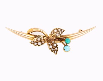 Antique Vintage Victorian 18k Rose Gold, English Seed Pearl and old Persian Turquoise Brooch Pin