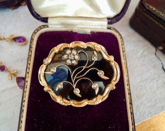 Antique Victorian Gold Pearl Diamond Black Enamel Brooch