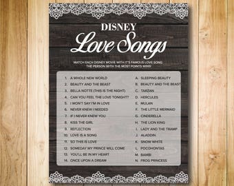 Rustic Bridal Shower Games - Disney Love Songs Bridal Shower Game - Printable - Rustic Wedding Game - Digital Print - Bridal Shower Games