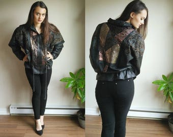 Paisley Jacket / Metallic Leather Jacket / Vintage Leather Jacket / 80s Leather Jacket / Metallic Paisley / Drawstring Jacket / Puffy Jacket