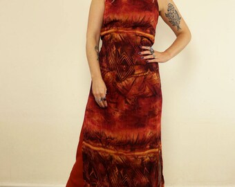 Vintage Burnt Orange Boho Printed Maxi Dress