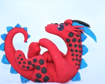 Playful Red and Blue Black-Spotted Dragon Sculpture Polymer Clay