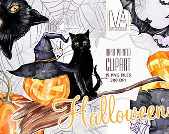 Clipart Halloween , Halloween Scrapbook Autum, Hat, Black cat Clipart, Halloween Party, Bat, Pumpkin , Watercolor Clipart