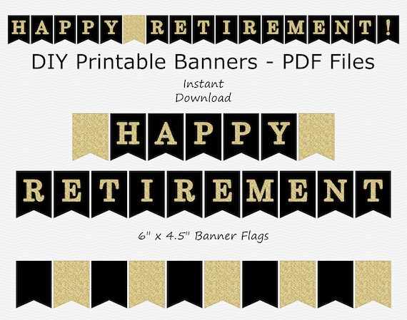 Happy Retirement Banner Black &amp; Gold Glitter PRINTABLE