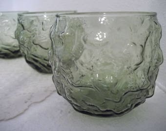 Vintage Anchor Hocking drinking glasses, Lido Milano "Roly Poly" crinkle glass, Avocado green crinkle glass drinkware, 1970's retro glasses
