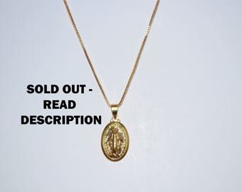 Virgin Mary Gold Medallion Necklace / Round Medal Pendant / Gold Box Chain Necklace / Oval Medal Pendant Necklace / Gold Medallion Necklace