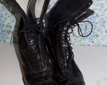 Antique Black Leather lace up Granny Boots