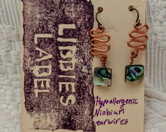Copper and abalone earrings with hypoallergenic niobium earring hooks