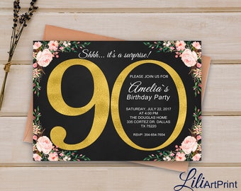 90th Birthday Invitation, Gold Invitation, Gold Glitter Birthday invite, Floral Birthday Invitation, Digital file 32