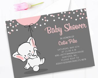 Elephant baby shower invitation, pink elephant baby shower invitation, balloon elephant baby shower invitation, elephant shower invite
