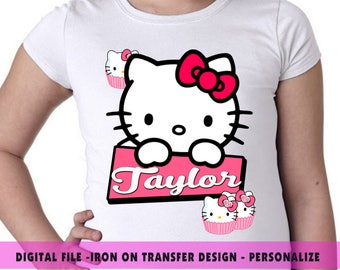 Hello Kitty Iron On Transfer , Hello Kitty Birthday Shirt DIY , Girl Birthday Shirt DIY , Iron On Transfer , Digital File , Personalize Name