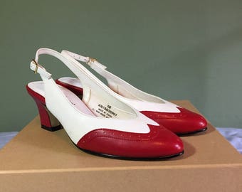 red and white spectator pumps