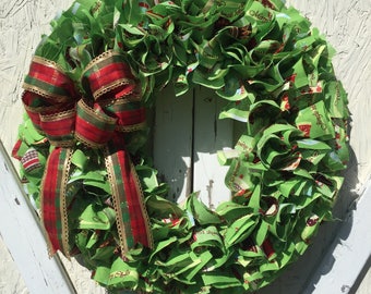 Rag Wreath, Christmas Rag Wreath, Christmas Wreath, Fabric Wreath, Holiday Wreath, Front Door Wreath