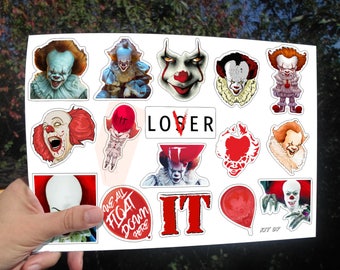 Set of vinyl stickers It, pennywise clown, stephen king, creepy clowns, on laptop, art sticker, waterproof sticker, gifts ideas